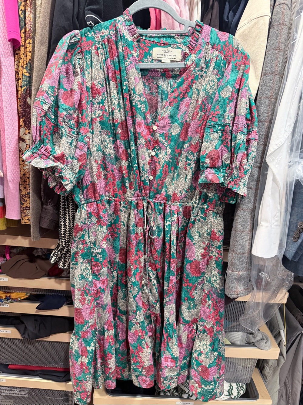 Floral V-Neck Short Dress in Pink and Green - Picture 4 of 5